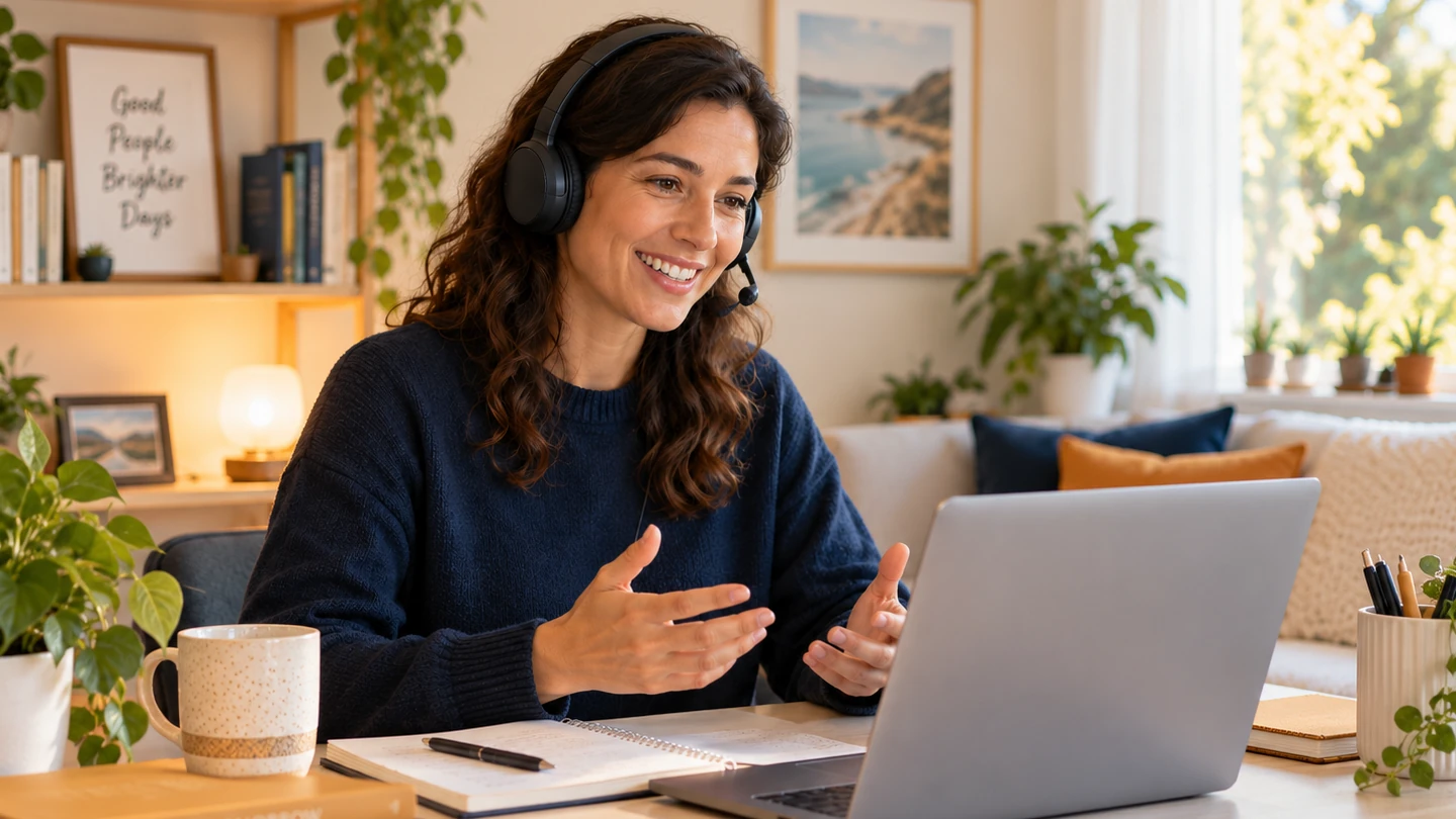 Smiling adult wearing a headset with a microphone and talking beside a laptop.