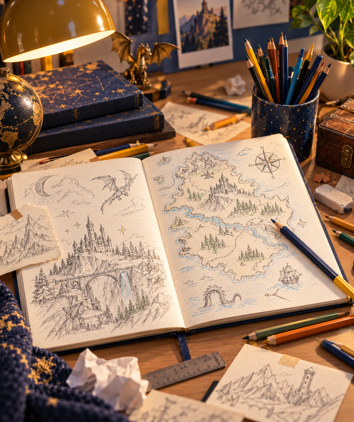 The magical Tower of Worlds rising into the sky with glowing windows, gardens, books, workshops, a skyship, and open doors.