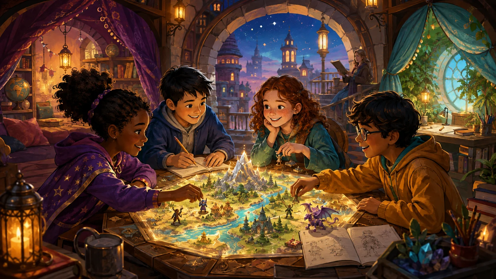 Four homeschool students building a shared fantasy world together around a glowing tabletop map.